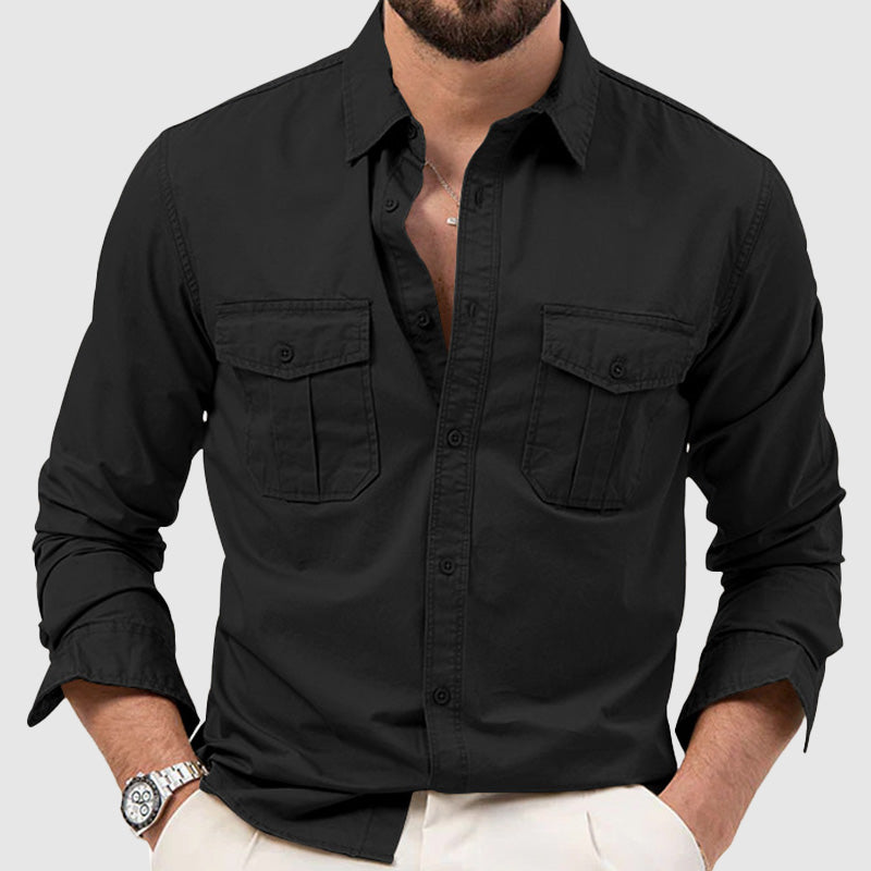 Men's Loose-Fit Long Sleeve Button-Up Shirt with Dual Chest Pockets