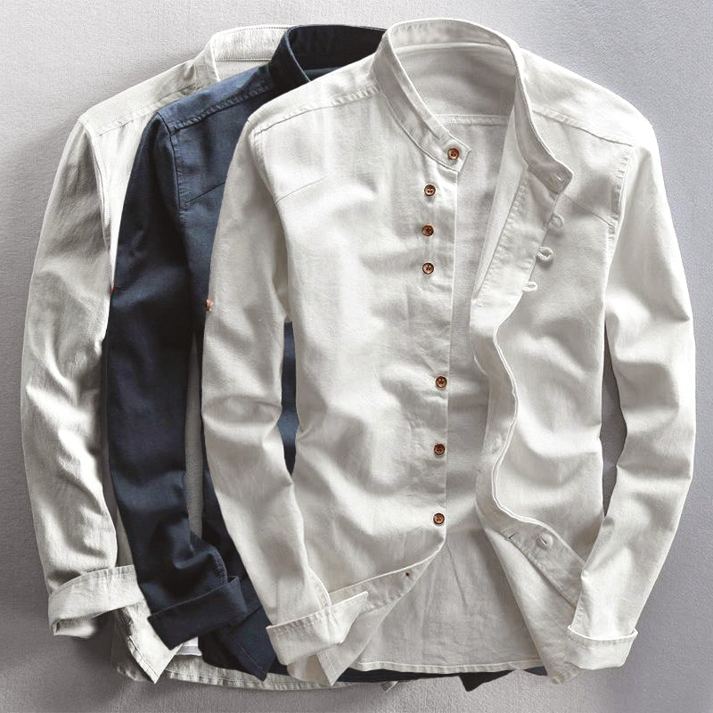 Men's Slim Fit Long Sleeve Button-Up Shirt in Mandarin - Effortlessly Stylish and Casual