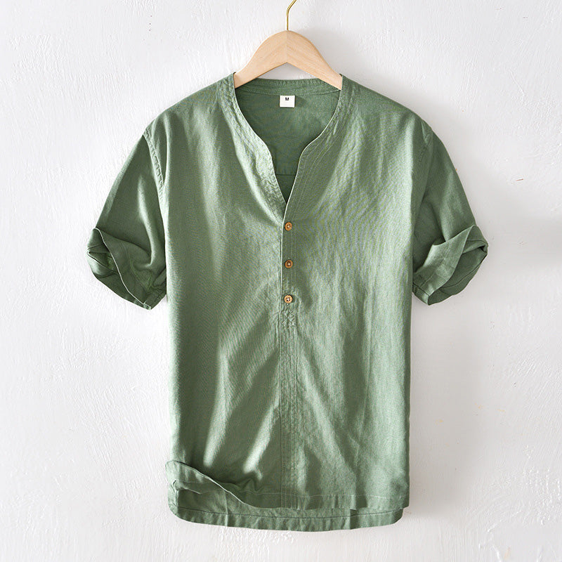 Men's Lightweight Linen Short Sleeve Casual Shirt - Relaxed Fit V-Neck