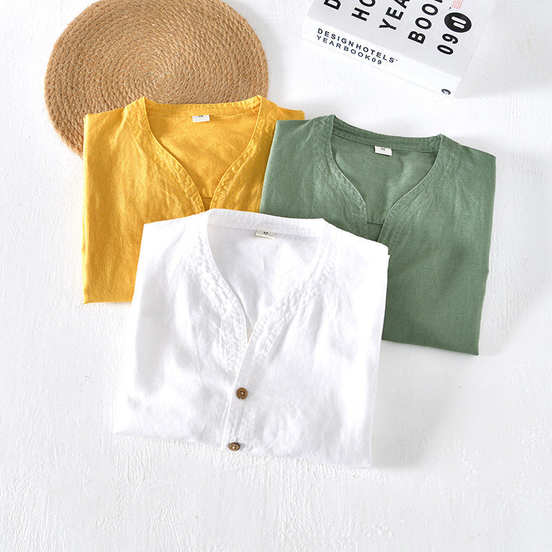 Men's Lightweight Linen Short Sleeve Casual Shirt - Relaxed Fit V-Neck
