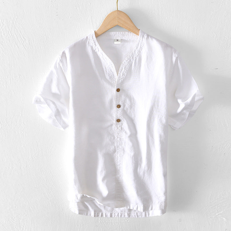 Leichtes Herren Casual Shirt aus Leinen - Kurzarm - Lockere Passform - V-Ausschnitt