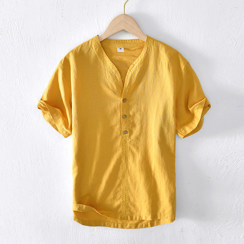 Camisa Casual de Hombre - Lino Liviano - Manga Corta - Corte Suelto - Escote en V