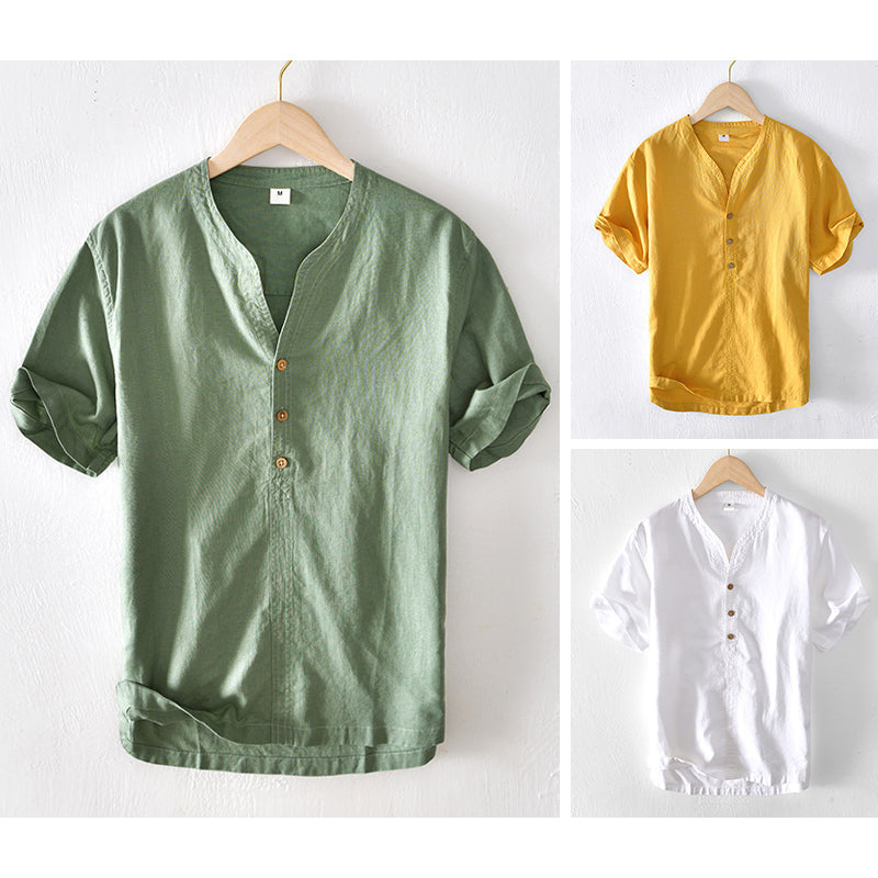 Camisa Casual de Hombre - Lino Liviano - Manga Corta - Corte Suelto - Escote en V