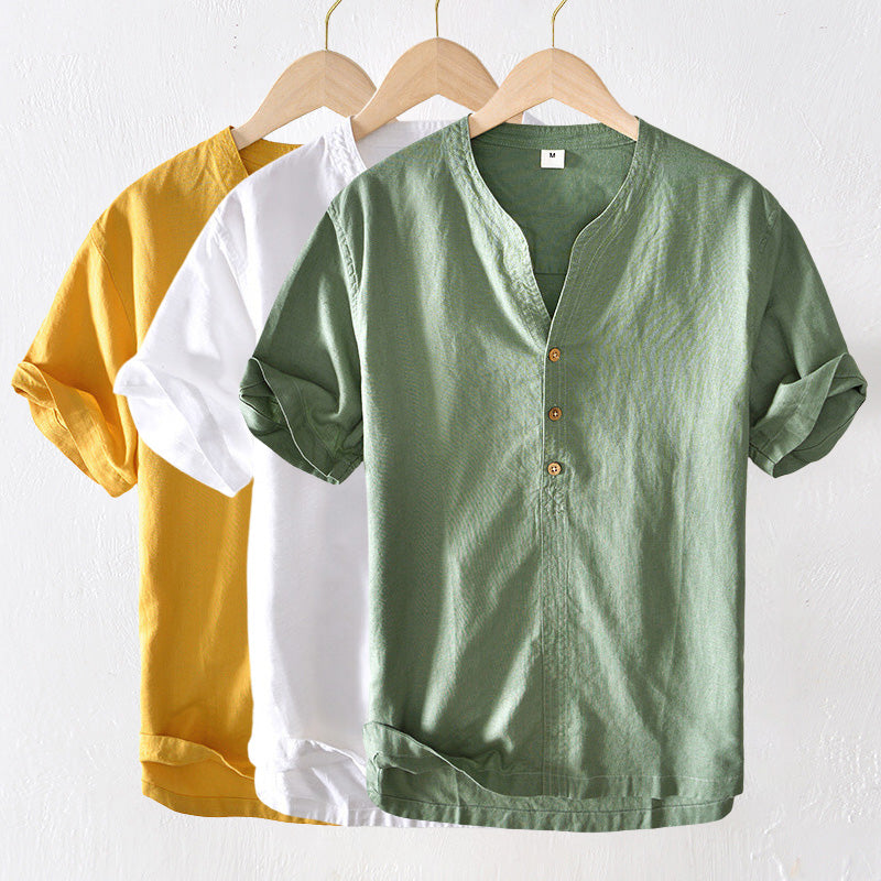 Camisa Casual de Hombre - Lino Liviano - Manga Corta - Corte Suelto - Escote en V