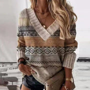 Elinne - Eleganter V-Ausschnitt-Strickpullover mit einzigartigen Patchwork-Details