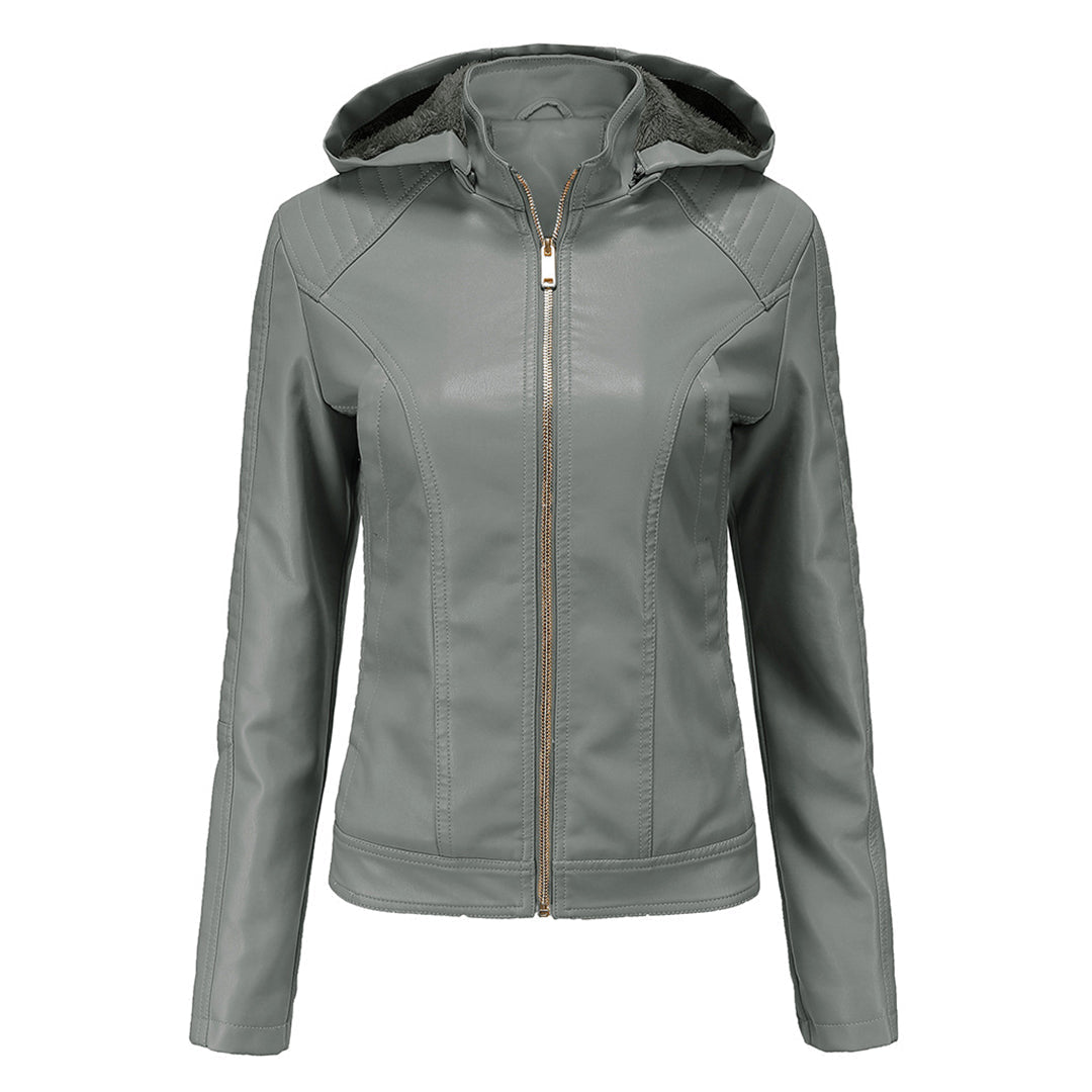 Frühlings Damen Lederjacke mit Kapuze – Figurbetonte, leichte Freizeitjacke