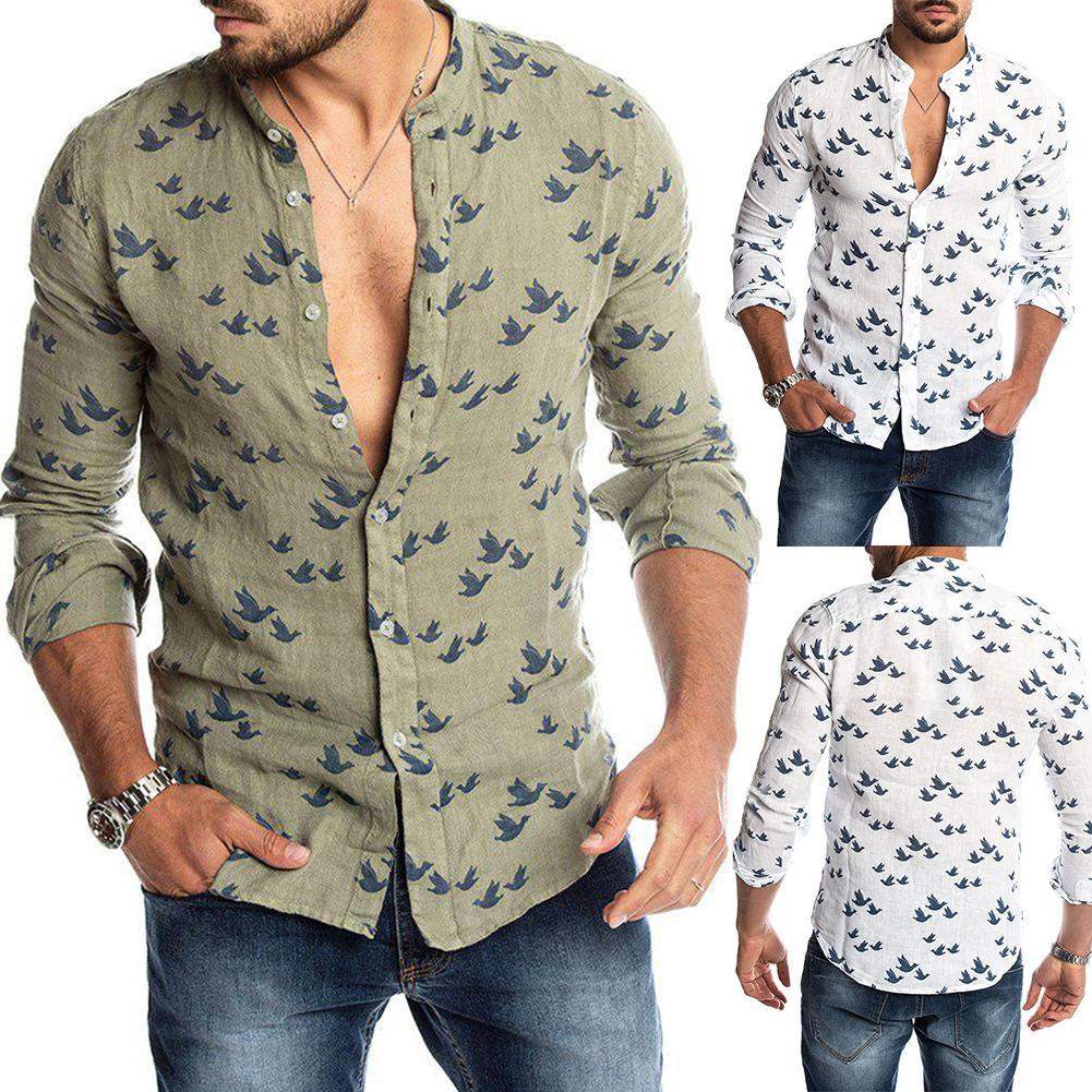 Herren Langarmshirt mit Vogel-Design, Mandarin-Kragen und lässigem, atmungsaktivem Schnitt