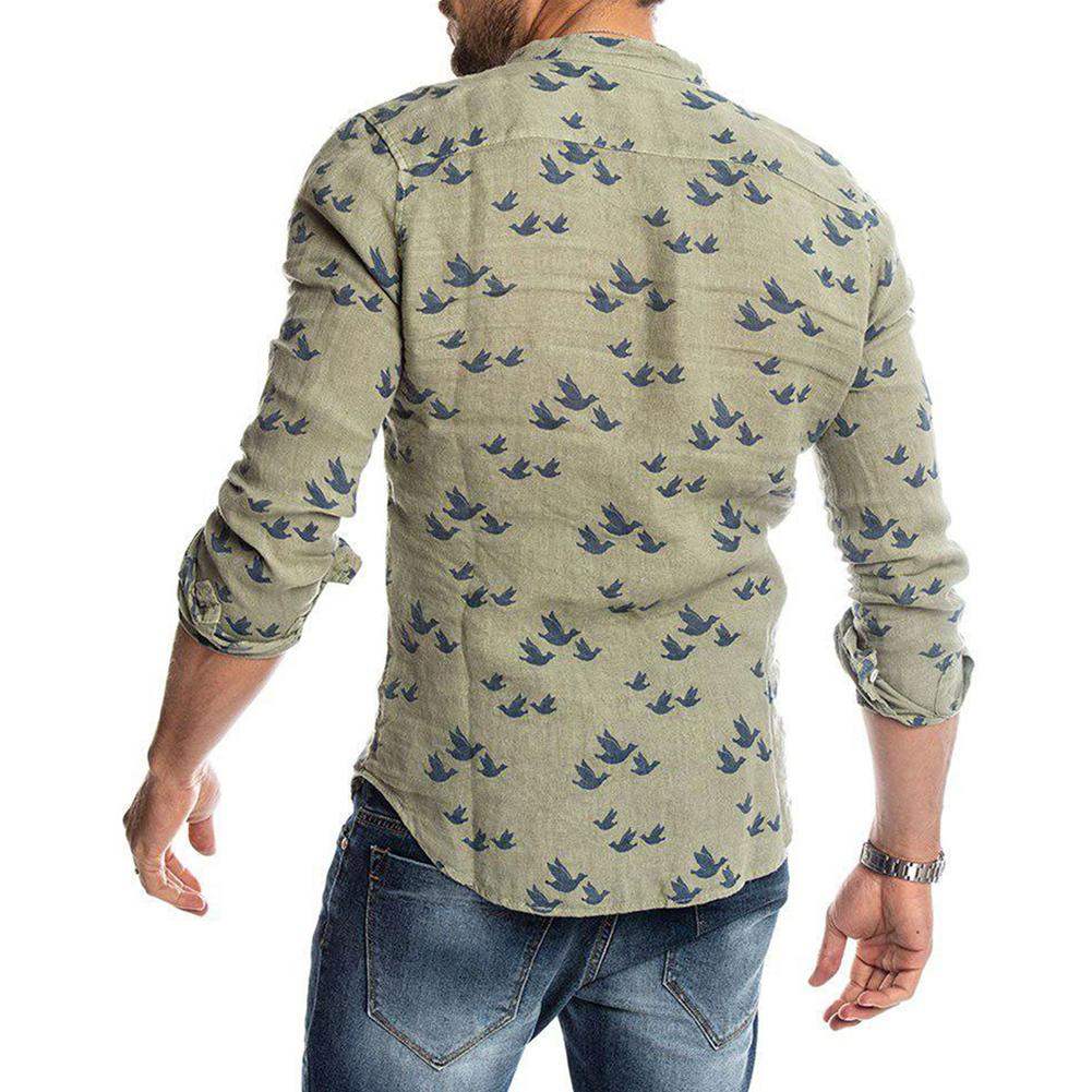 Camisa de Hombre de Manga Larga con Estampado de Pájaro, Cuello Mandarín y Corte Casual Transpirable