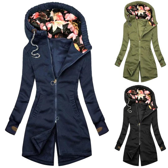 Fleecegefütterte Damen Winterjacke mit Kapuze – Langer Slim Fit Parka für warme Tage