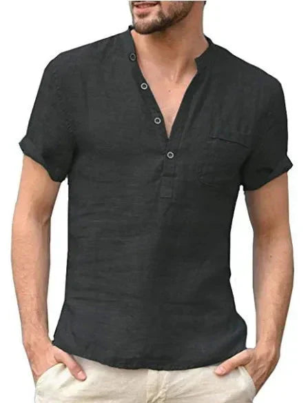 Men's T-Shirt with Lining - Mandarin Color - Short Sleeves - Breathable Casual Style