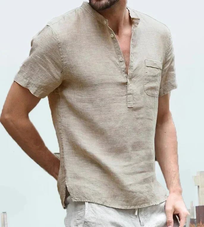 Men's T-Shirt with Lining - Mandarin Color - Short Sleeves - Breathable Casual Style