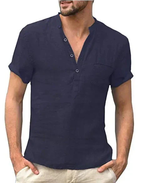 Men's Short Sleeve Mandarin Collar Shirt - Lined - Breathable Casual Design