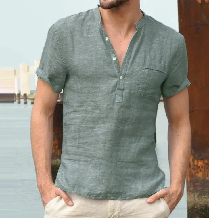 Men's Short Sleeve Mandarin Collar Shirt - Lined - Breathable Casual Design