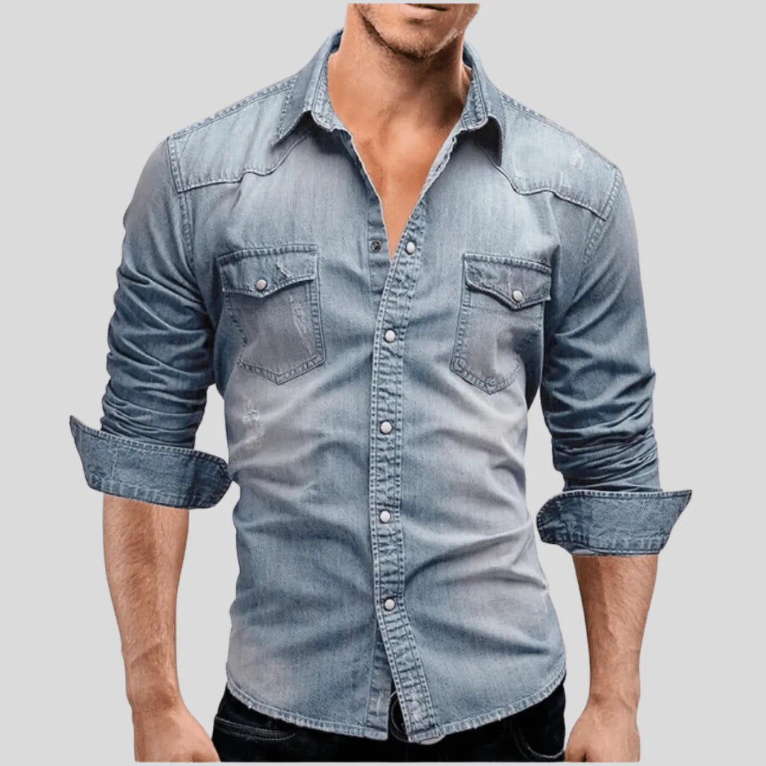 Men's Casual Denim Shirt - Snap Closure - Regular Fit - Long Sleeves