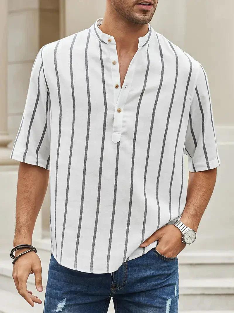 Men's Vertical Striped Flared Shirt with Collar and Cuffs - Roomy and Comfortable Design