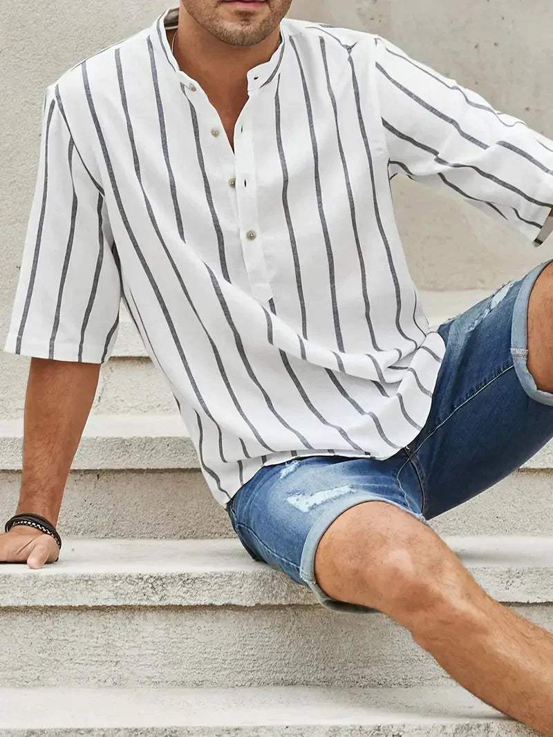 Men's Vertical Striped Flared Shirt with Collar and Cuffs - Roomy and Comfortable Design