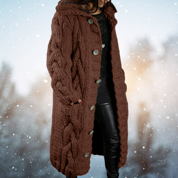 Frauen Oversized Wollcardigan mit Kapuze – Langer, dicker Strickpullover für den Frühling