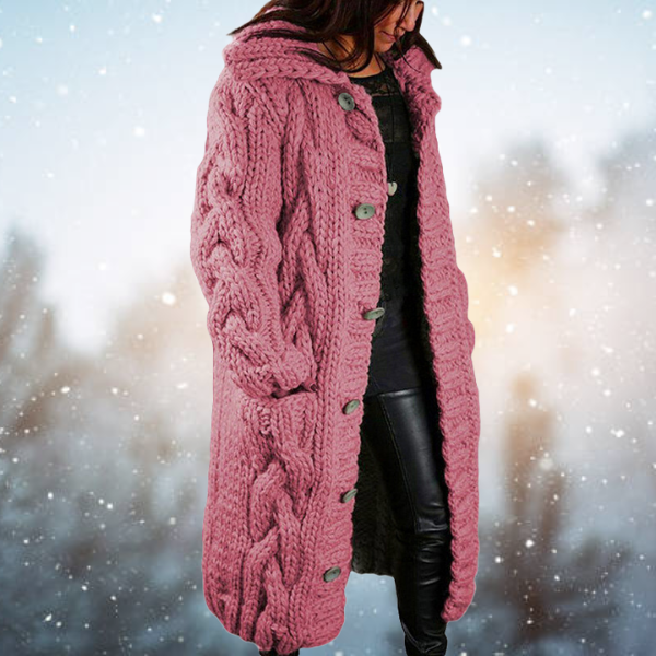 Frauen Oversized Wollcardigan mit Kapuze – Langer, dicker Strickpullover für den Frühling