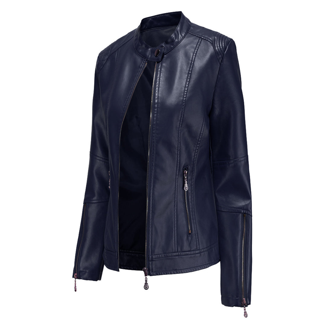 Leichte taillierte Damen Lederjacke für den Frühling – Casual Bikerjacke mit Reißverschluss