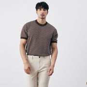 Męska slim fit koszulka z dzianiny w modne poziome paski i prążkowane mankiety - komfortowa mieszanka bawełny