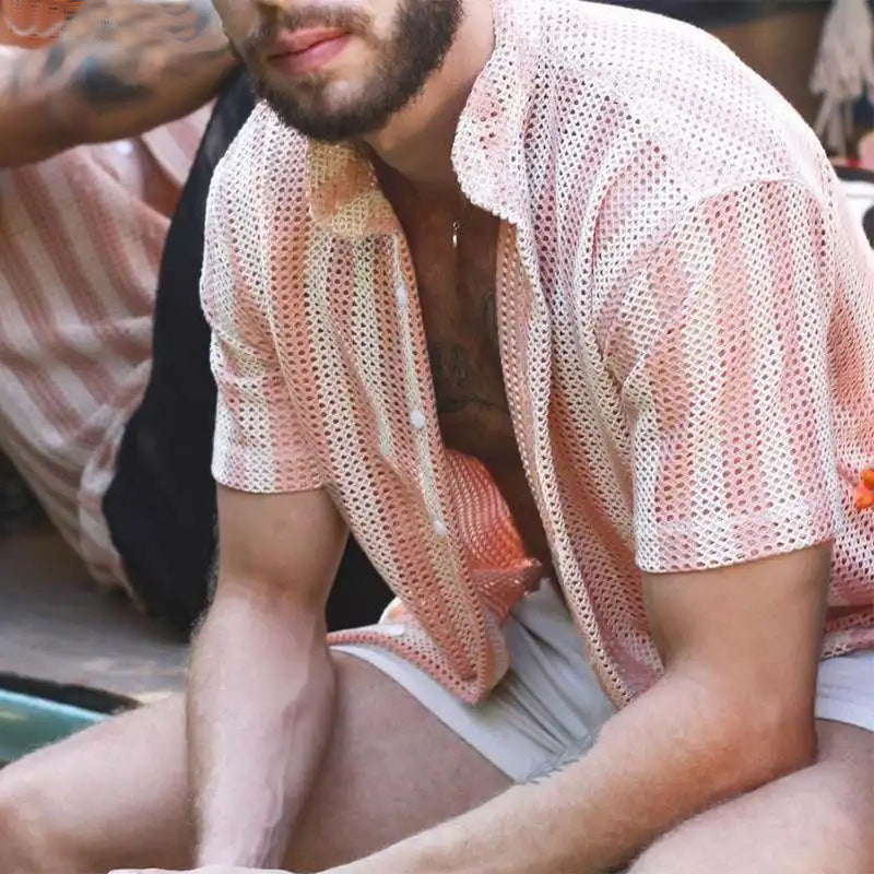 Metallic Sports Vest for Men - Relaxed Fit - Button Closure - Short Sleeves - Transparent Grid Design