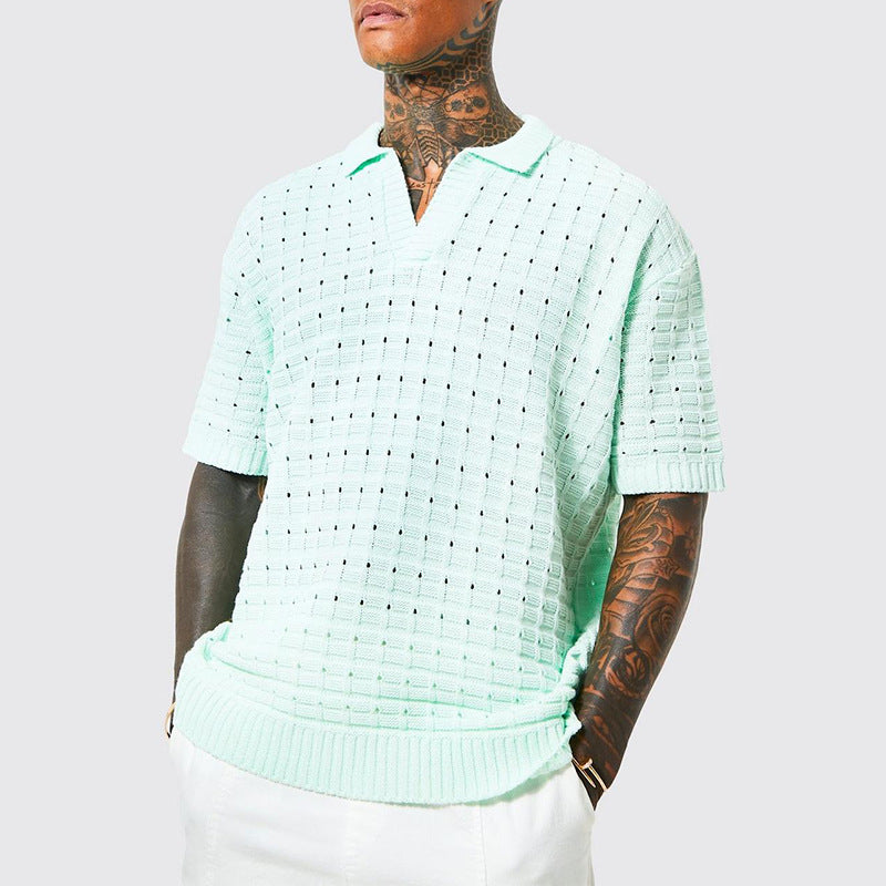 Herren Strick-Poloshirt - Bequemer, lockerer Schnitt - Klassischer V-Ausschnitt - Kurze Ärmel - Atmungsaktive Baumwollmischung