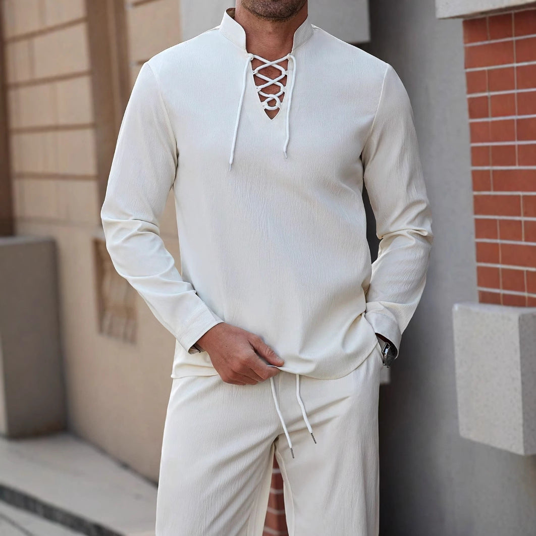 Męska koszula Henley w stylu casual - bawełnowo-lniana mieszanka z eleganckim sznurowaniem na piersi - komfortowy, luźny krój i elastyczny kołnierzyk