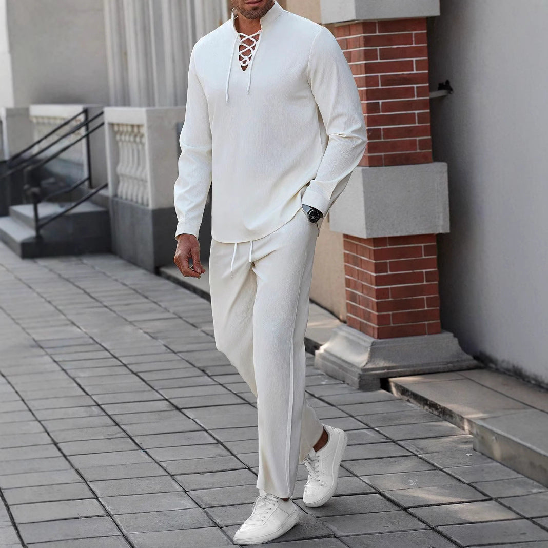 Męska koszula Henley w stylu casual - bawełna i len z eleganckim sznurowaniem na piersi - komfortowy, luźny krój i elastyczny kołnierzyk