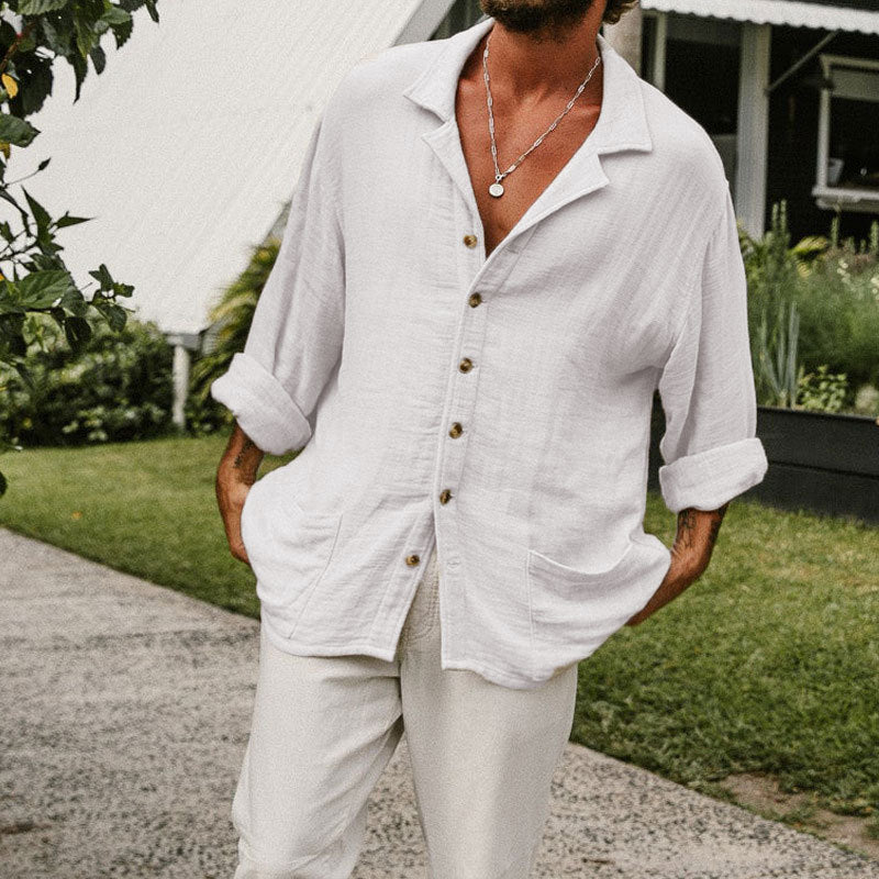 Herren T-Shirt aus Baumwoll-Leinen-Mix - Lässiger Schnitt mit langen Ärmeln für einen entspannten Look