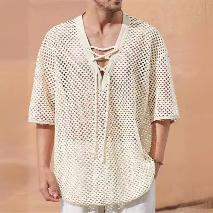 Men's Lightweight Mesh T-Shirt with Sheer Sleeves, Lace-Up Chest Detail, and Relaxed Fit