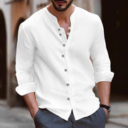 Herren Sportliche Camicia mit Langarm aus Baumwoll-Leinen-Mix - Relaxed Fit - Stehkragen mit Knöpfen