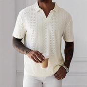 Modisches Herren T-Shirt aus Strick mit Jacquard-Spitze - entspannte Passform, kurze Ärmel und V-Ausschnitt - atmungsaktiv und komfortabel