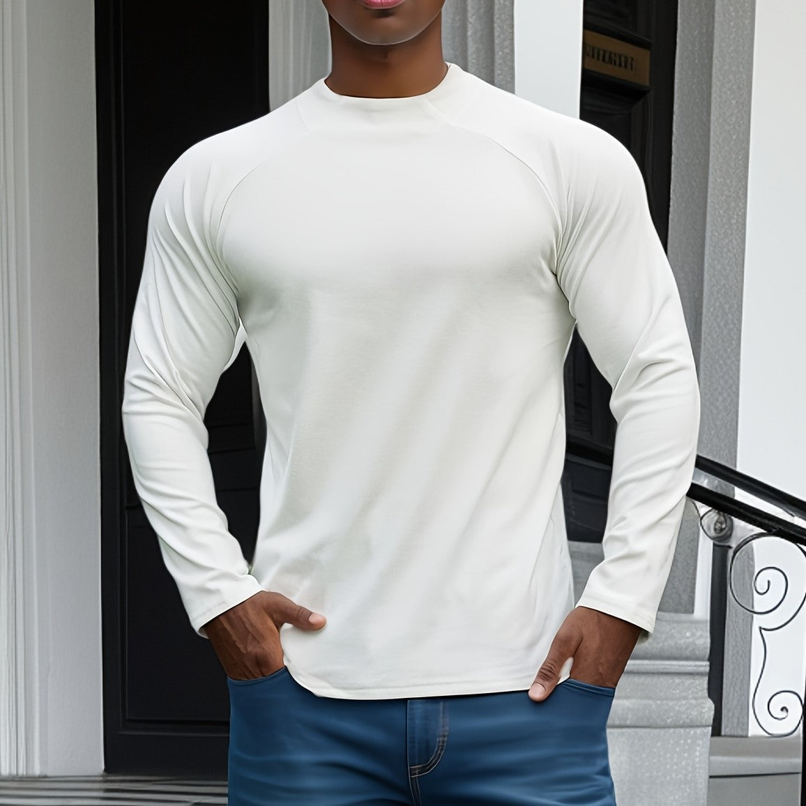 Herren Slim Fit Langarmshirt - Weicher Stretch - Rundhalsausschnitt - Raglanärmel