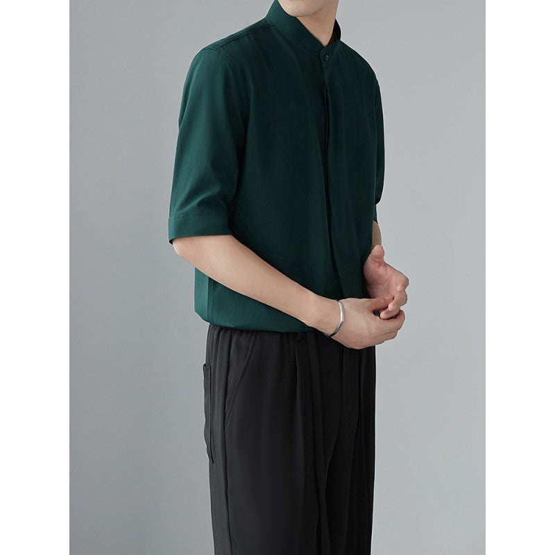 Men's Lightweight Long Sleeve Shirt - Relaxed Fit with Mandarin Collar - Breathable Fabric