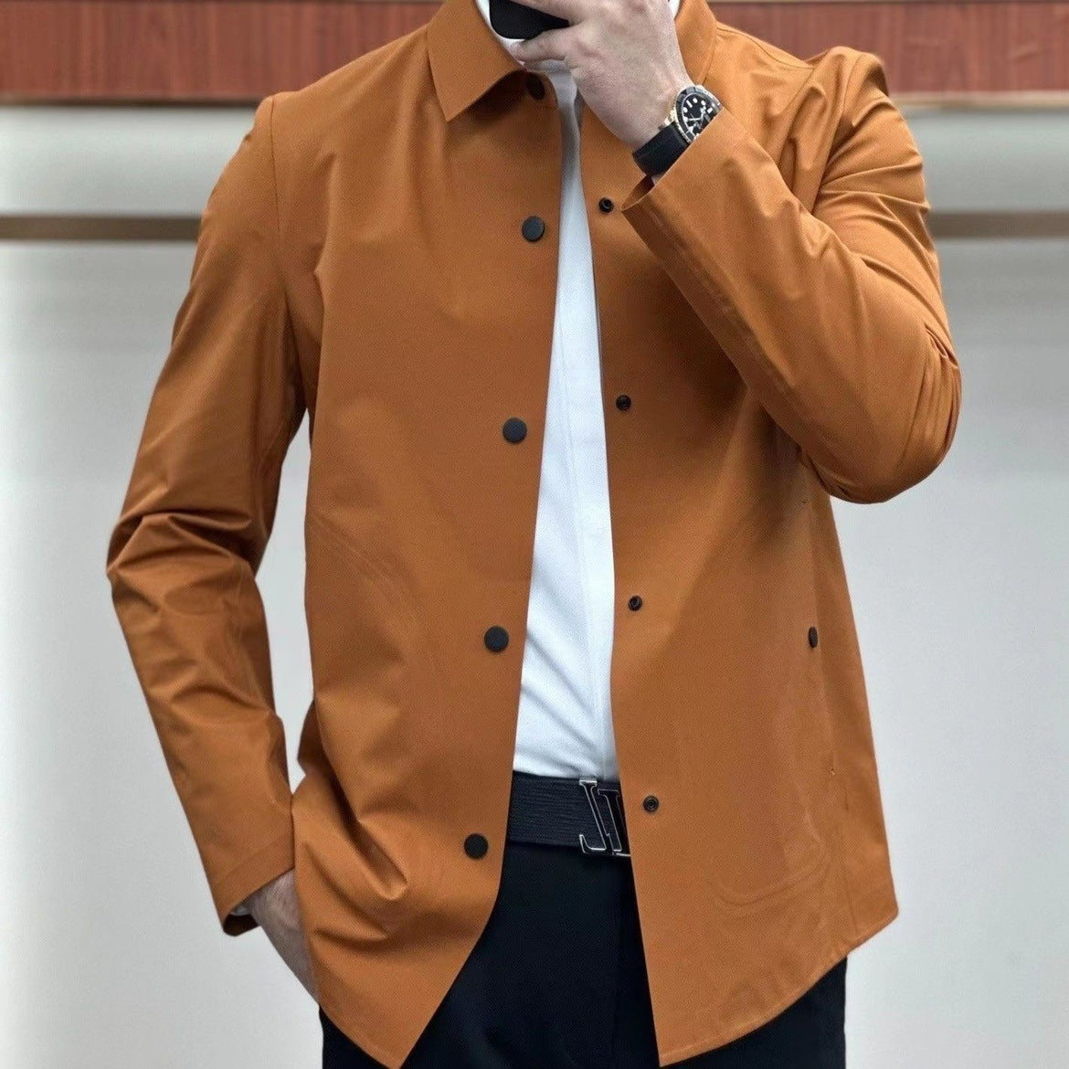 Men's Slim Fit Overshirt - Plus Size - Reversible Color - Stylish Layered Collar