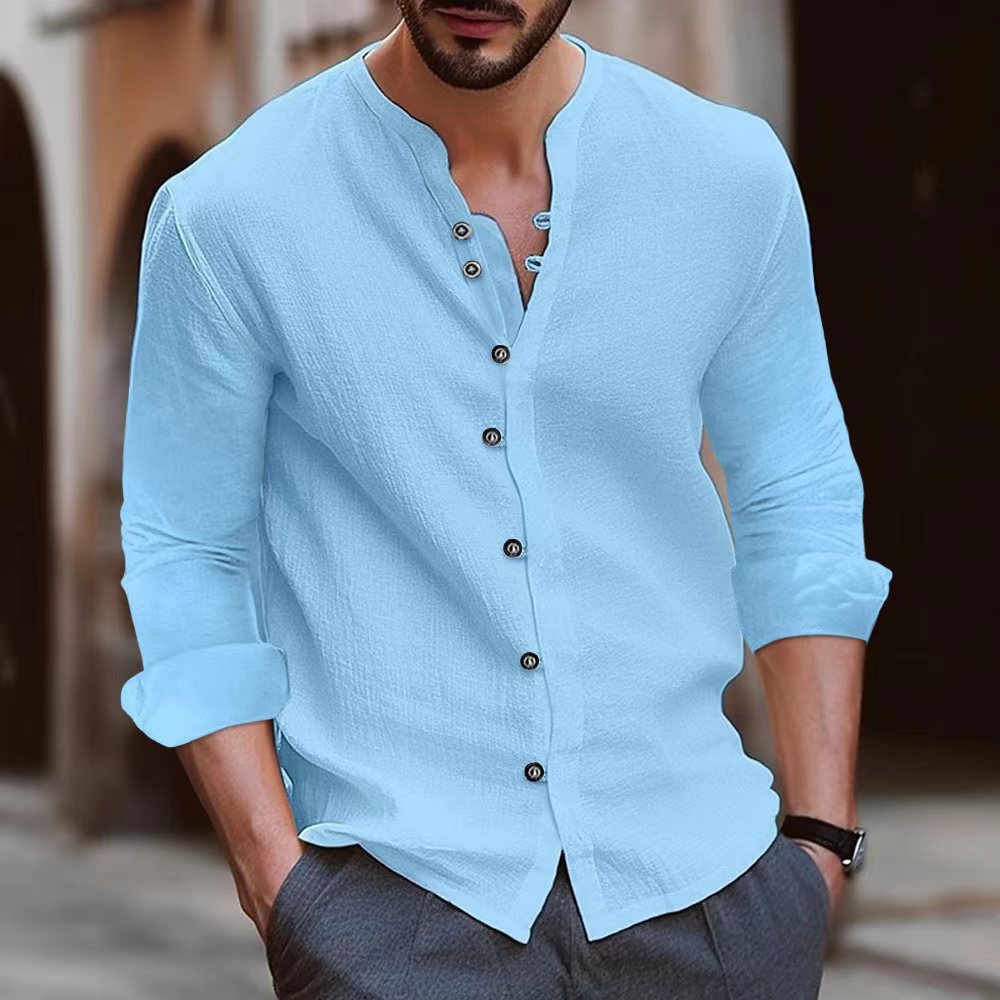 Herren Sportliche Camicia mit Langarm aus Baumwoll-Leinen-Mix - Relaxed Fit - Stehkragen mit Knöpfen