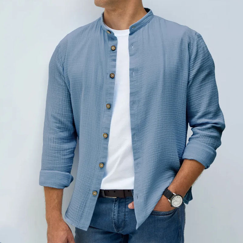Men's Textured Cotton Vest with Mandarin Collar and Long Sleeves - Regular Fit