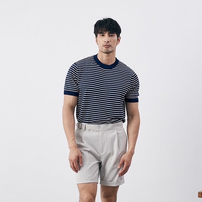 Herren Slim Fit Strick-T-Shirt mit eleganten horizontalen Streifen und gerippten Bündchen - aus bequemer Baumwollmischung