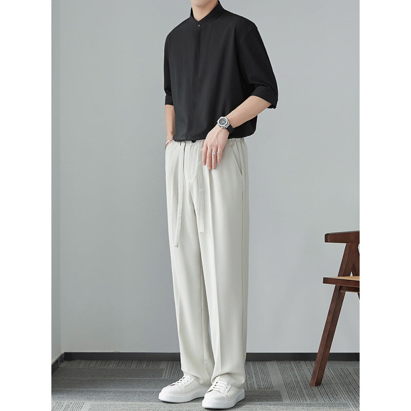 Men's Lightweight Long Sleeve Shirt - Relaxed Fit with Mandarin Collar - Breathable Fabric