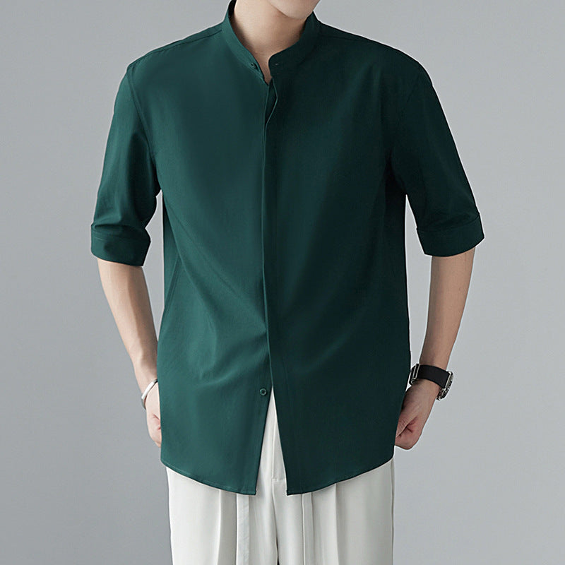 Men's Lightweight Long Sleeve Shirt - Relaxed Fit with Mandarin Collar - Breathable Fabric