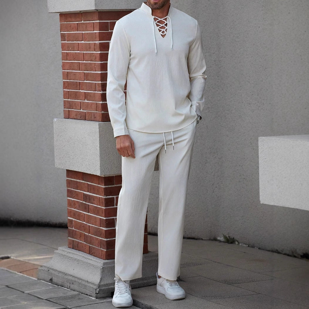 Męska koszula Henley w stylu casual - bawełnowo-lniana mieszanka z eleganckim sznurowaniem na piersi - komfortowy, luźny krój i elastyczny kołnierzyk