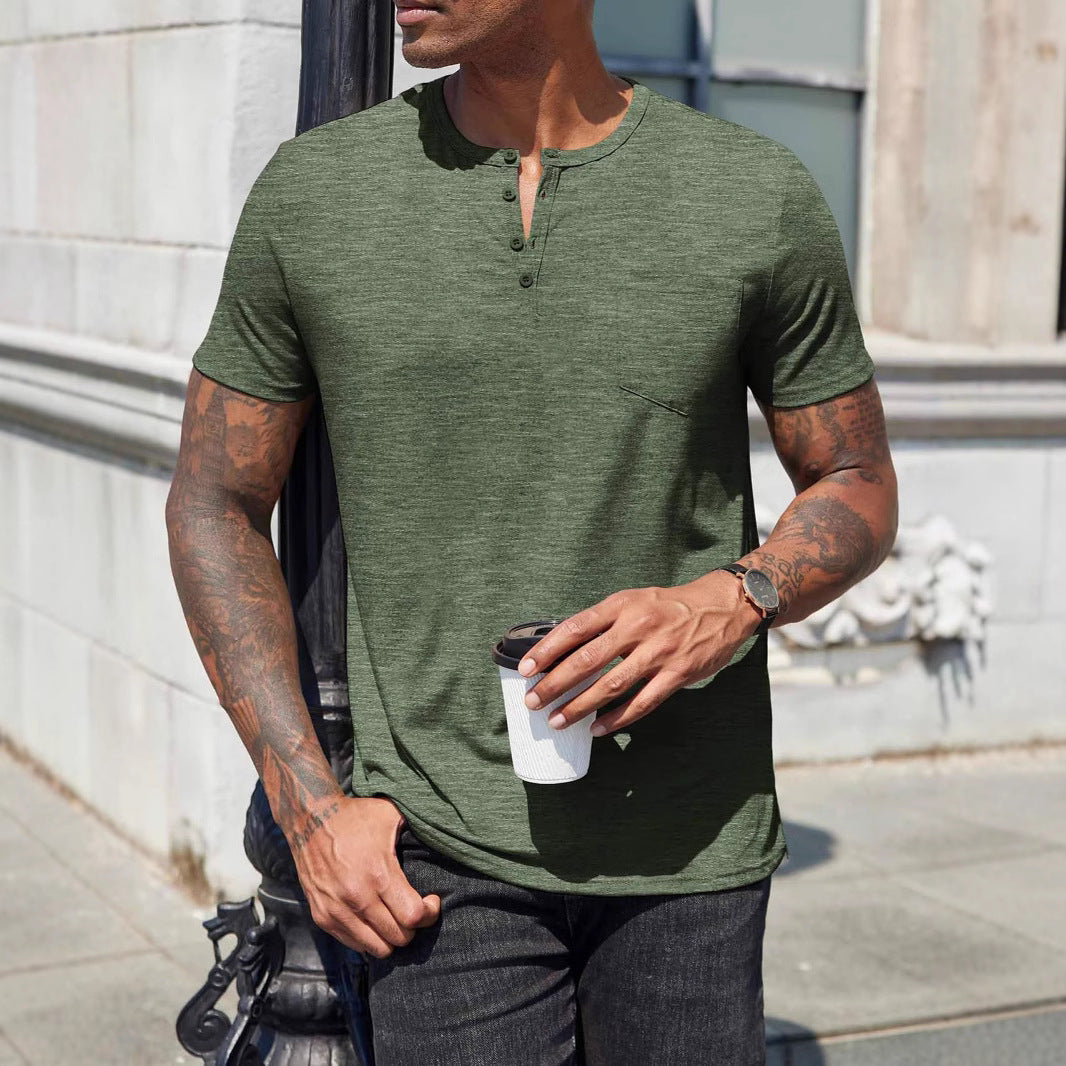 Męska koszulka Henley Slim Fit z kieszonką na piersi - miękka bawełniana mieszanka, krótki rękaw