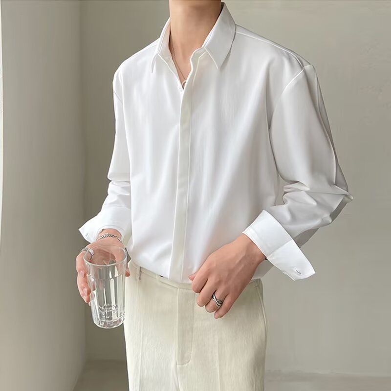 Men's Slim Fit Long Sleeve Formal Shirt - Hidden Placket - Stretch Fabric