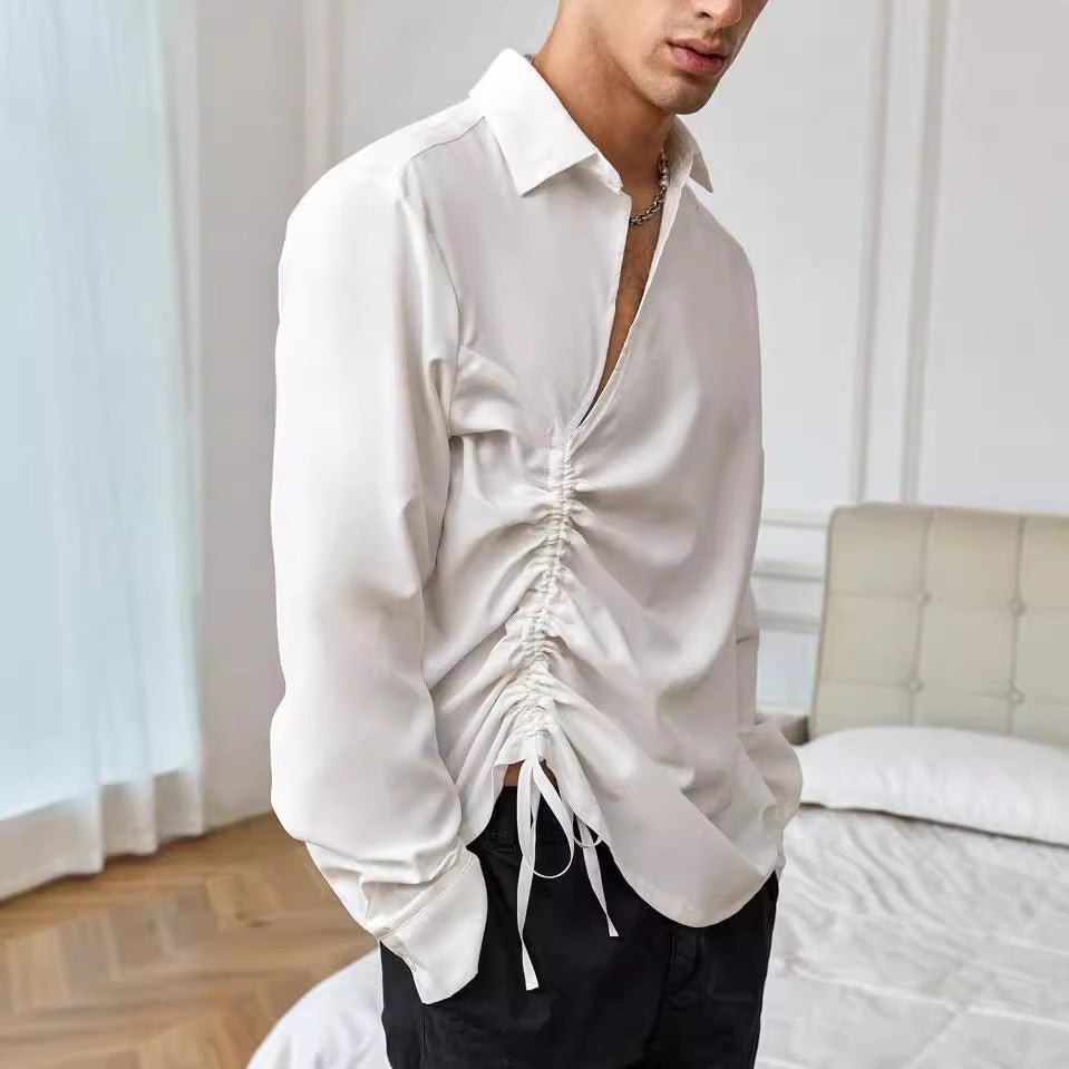 Men's V-Neck Long Sleeve T-Shirt with Lace-Up Front - Premium Thick Melange Cotton