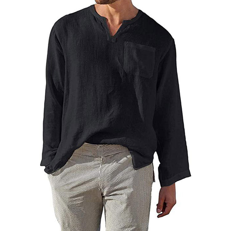 Men's Relaxed Fit Long Sleeve Shirt - Linen-Cotton Blend with Band Collar for Casual Comfort