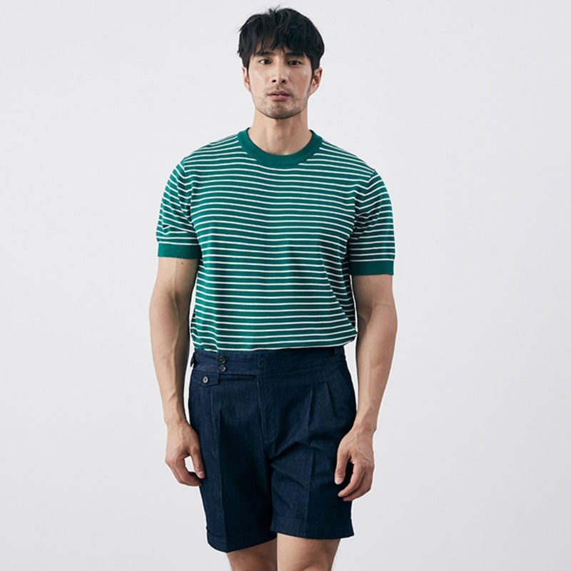 Herren Slim Fit Strick-T-Shirt mit eleganten horizontalen Streifen und gerippten Bündchen - aus bequemer Baumwollmischung