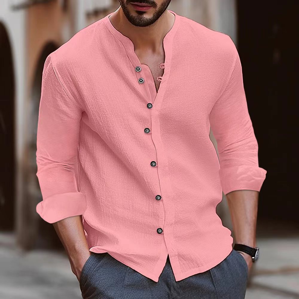Camicia a Manica Lunga Mista Cotone e Lino per Uomo - Vestibilità Relaxed con Colletto a Banda e Bottoni
