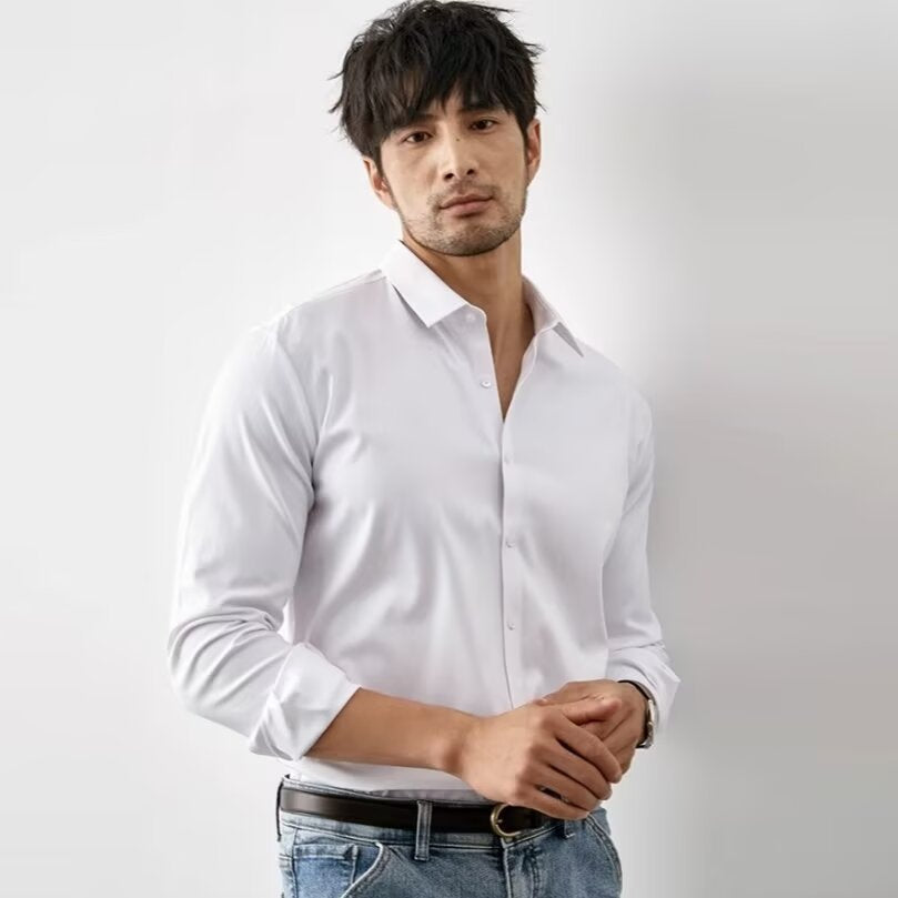 Elegancka męska koszulka Coupe Slim - Syntetyczna tekstura soi - Długie rękawy z guzikami - Styl Business Casual