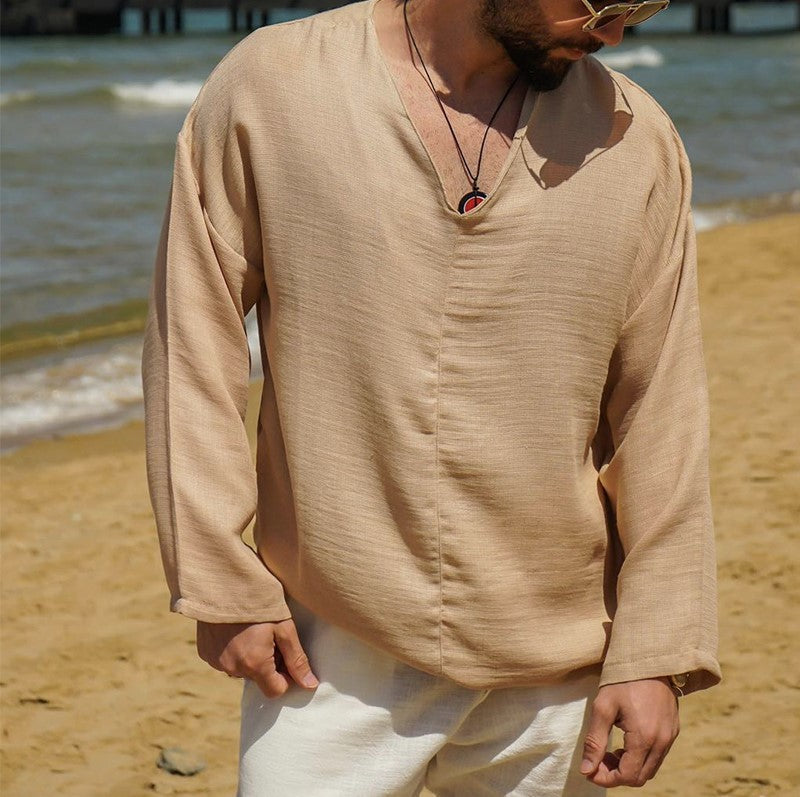 Men's V-Neck Linen Shirt - Comfortable Long Sleeve Casual Wear - Breathable Fit