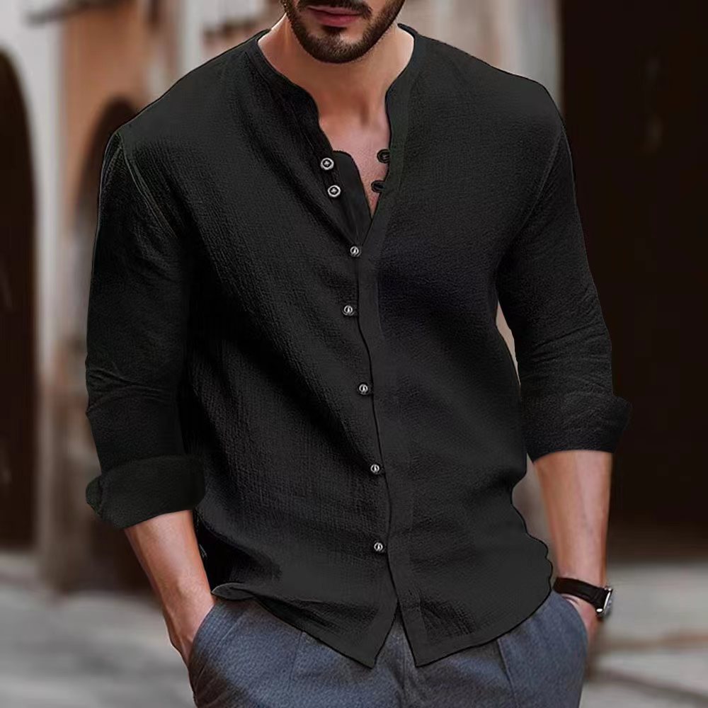 Herren Sportliche Camicia mit Langarm aus Baumwoll-Leinen-Mix - Relaxed Fit - Stehkragen mit Knöpfen